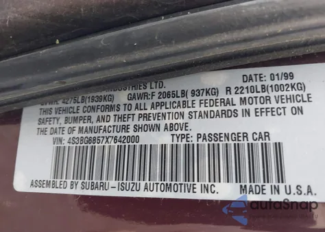 1999 Subaru Legacy 30Th Ann. Outback Ltd./Outback z USA, uszkodzony, nr VIN 4S3BG6857X7642000